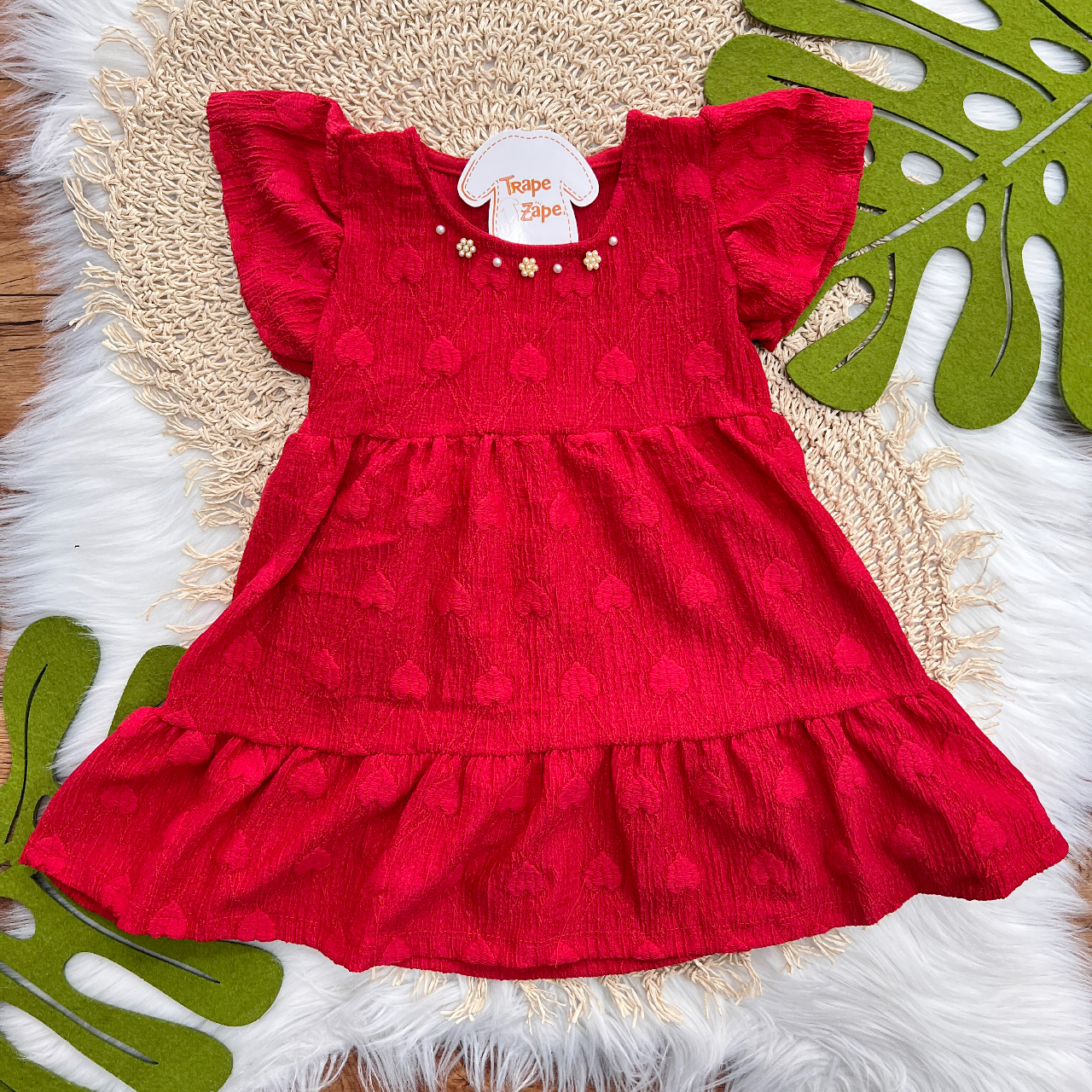 Vestido Anarruga com Pérolas e Corações - Vermelho 